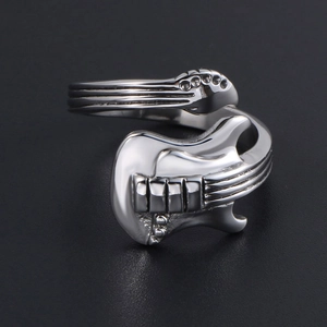 Vintage silver guitar shaped open ring in stainless steel for rock music enthusiasts