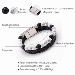 Detailed chart for lava stone leather bracelet with beads, magnet clasp, and size specs