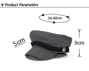 Size specifications for deep gray wool newsboy hat with braided band and metal decor