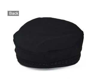 Rear view of black military octagonal cap with decorative braided trim on white background