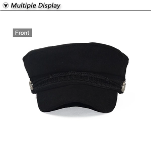 Front view of black wool navy hat featuring a flat top and decorative braided rope detail