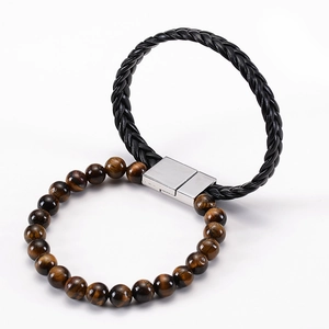 Men's double-row bracelet with natural tiger eye stones and black braided leather strap