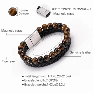 Men's double-row natural tiger eye stone and genuine leather bracelet with magnetic clasp