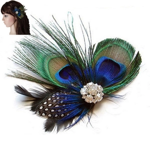 Detail view of peacock feather hair clip with sparkling rhinestones for party wear