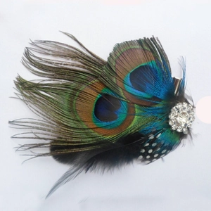 Macro detail of a peacock feather hair clip with sparkling crystal rhinestone center