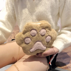 Cute Cat Paw Plush Crossbody Bag Soft Cartoon Kawaii Shoulder Pouch With Gold Metal Chain For Women Girls
