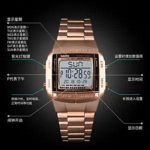 Rose gold digital watch with stainless steel band and LED luminous display for men