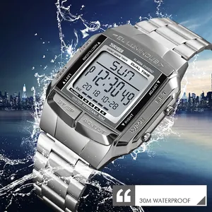 Digital men's watch with silver stainless steel strap and square dial showing multi-functions
