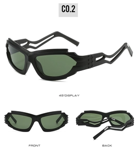 Trois vues de lunettes Y2K punk avec branches géométriques creuses et verres sombres