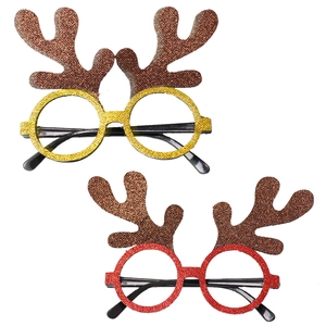 Detail of red and gold glitter reindeer antler Christmas party glasses for kids