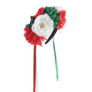 Day of the Dead floral headband with red and white roses and hanging ribbons