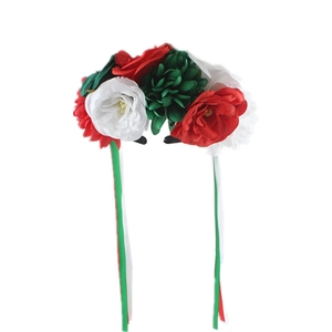 Festive floral headband with red, white, green silk flowers and long satin ribbons