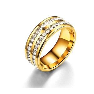 Close-up of a titanium steel double-row diamond ring with gold finish on white background