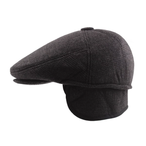 Classic dark plaid flat cap for elderly men featuring warm ear flaps for winter wear