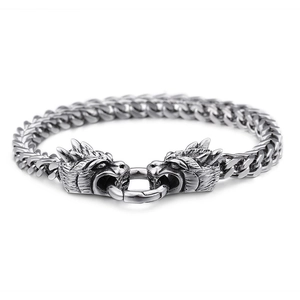 Punk dragon head stainless steel curb chain bracelet with silver finish in vintage style