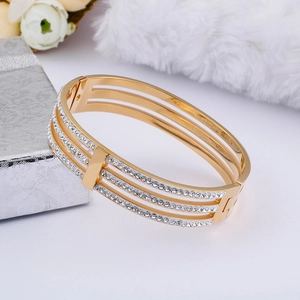 Elegant rose gold titanium steel triple-layer hollow bangle with pavé crystals for women