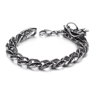Men's retro stainless steel dragon head bracelet with textured scales and lobster clasp