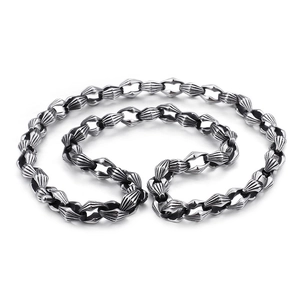 Rugged silver stainless steel chain necklace with textured marquise-shaped metal links