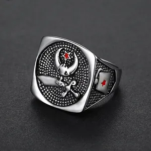 Vintage Signet Ring Stainless Steel Star Moon Scimitar Engraved Retro Punk Mystic Fashion Jewelry For Men
