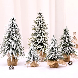 Mini flocked Christmas tree desktop decor set with burlap base and artificial snow