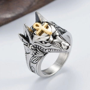 Bague égyptienne Anubis en acier inoxydable avec symbole Ankh doré et tête de loup
