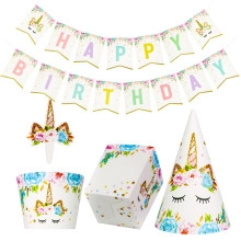 Set de decoración de unicornio para cumpleaños con banderines, adornos de tarta y sombreros