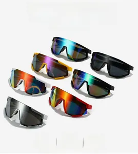 Multiple colorful sports cycling sunglasses with wrap-around frames and waterproof lenses
