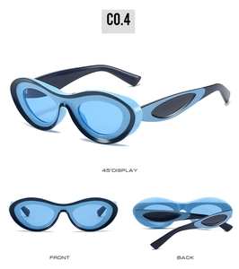 Three perspectives of trendy blue and black oval sunglasses showing front and side views
