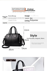 Detailed dimension chart showing 30x14x19cm capacity for the black soft leather handbag