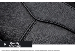 Macro shot of precise double-stitch craftsmanship on black litchi grain leather bag