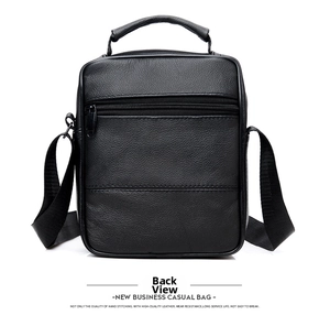 Rear view of black genuine leather messenger bag with back zipper pocket and handle