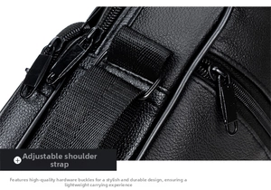 Close-up of adjustable fabric shoulder strap with premium black metal buckle on leather bag