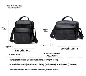 Detailed size chart for black leather messenger bags in vertical and horizontal styles