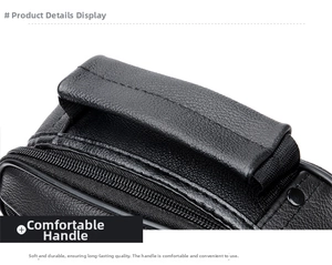 Detailed macro view of black genuine leather top handle and premium metal zippers
