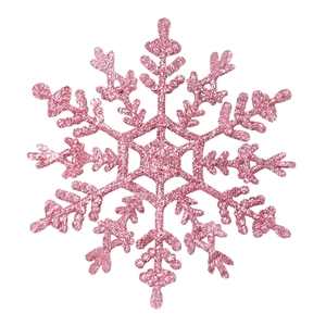 Pink glitter snowflake ornament for Christmas tree decoration with symmetrical six-point design