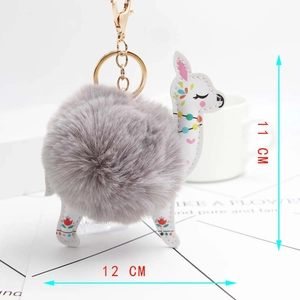 Detailed view of grey plush alpaca keychain with decorative patterns and gold metal hook