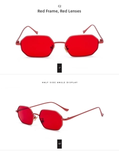 Macro detail of red rectangular metal sunglasses with tinted lenses from multiple angles