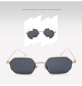 Detailed view of rectangular metal sunglasses with double bridge and gold frames