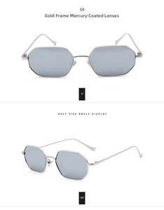 Front and side view of gold metal hexagonal sunglasses with silver mirror lenses