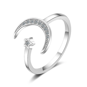 Adjustable silver moon and star open ring with sparkling crystal zircon stones