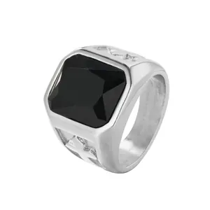 Punk style stainless steel men's ring with square black gemstone and cross design
