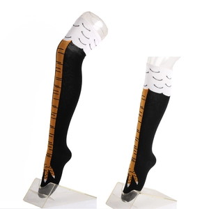 Detailed comparison of thigh-high and mid-calf chicken leg novelty cotton socks on leg models