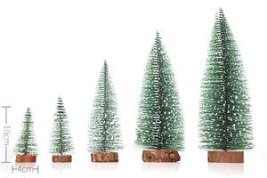 Detailed view of five mini sisal Christmas trees in varying sizes with dimension labels