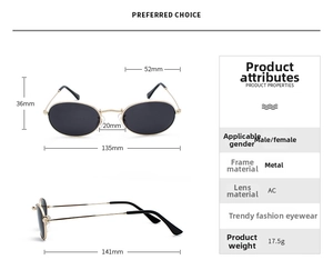 Detailed size specifications and dimensions for vintage oval metal frame sunglasses