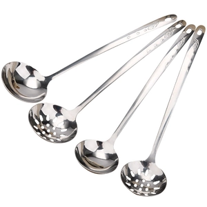 Set of 4 thick stainless steel soup spoons and skimmers with leaf pattern handle