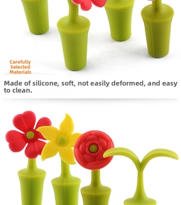 Detail of flower-shaped silicone wine stoppers showing flexible petals and tapered base
