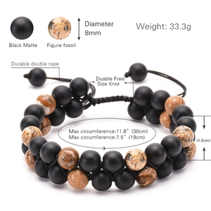 Double-layer adjustable natural matte black stone beaded bracelet with woven cord