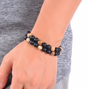 Men's double layer beaded bracelet with black matte beads and brown patterned stones