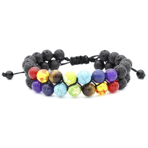 Detail of double-layer woven bracelet with black lava stones and colorful chakra beads