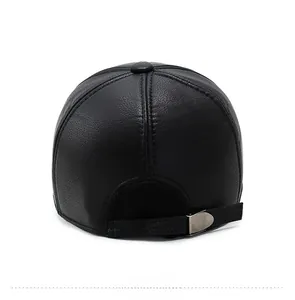 Rear view of black PU leather baseball cap featuring an adjustable metal buckle strap